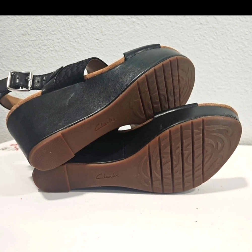 Clarks Black Leather Wedge Sandals with Buckle Strap - Picture 9 of 9